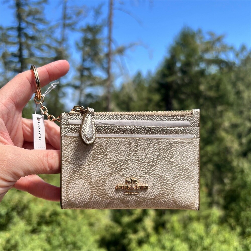COACH Metallic Gold Mini Skinny ID Case Cardholder Keychain Wallet w Gold NWT